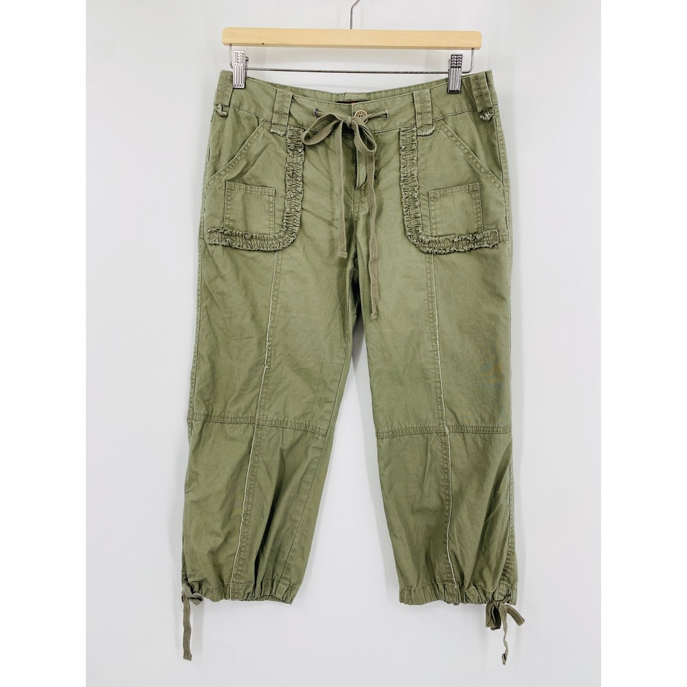 Y2K Be Bop Capri Cargo Pants Olive Green Ruffle Trim Tie Hem